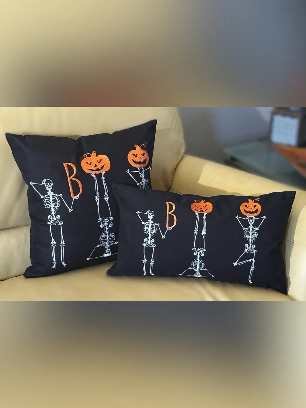Halloween Embroidered Yoga Skeletons Holding Jack O' Lanterns Pillow Cover New